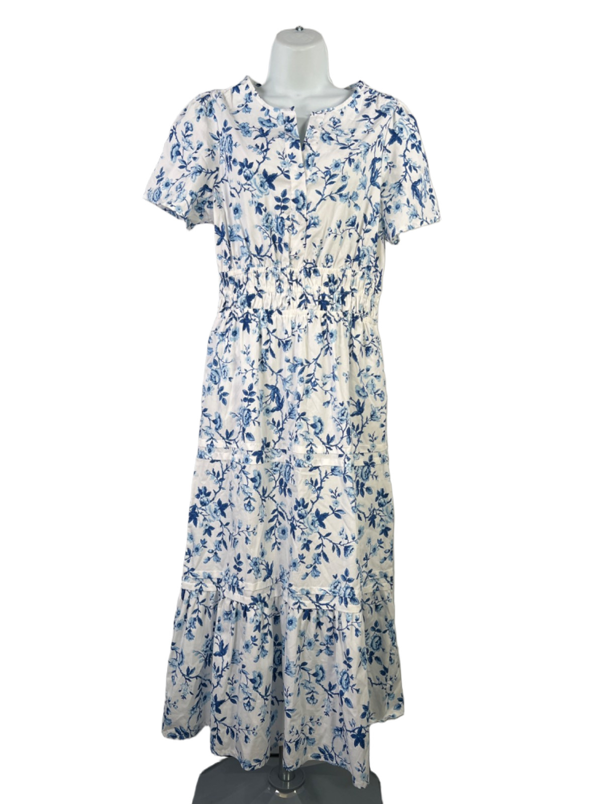 French Connection Women\'s White/Blue Floral Short Sleeve Tiered Midi Dress - S