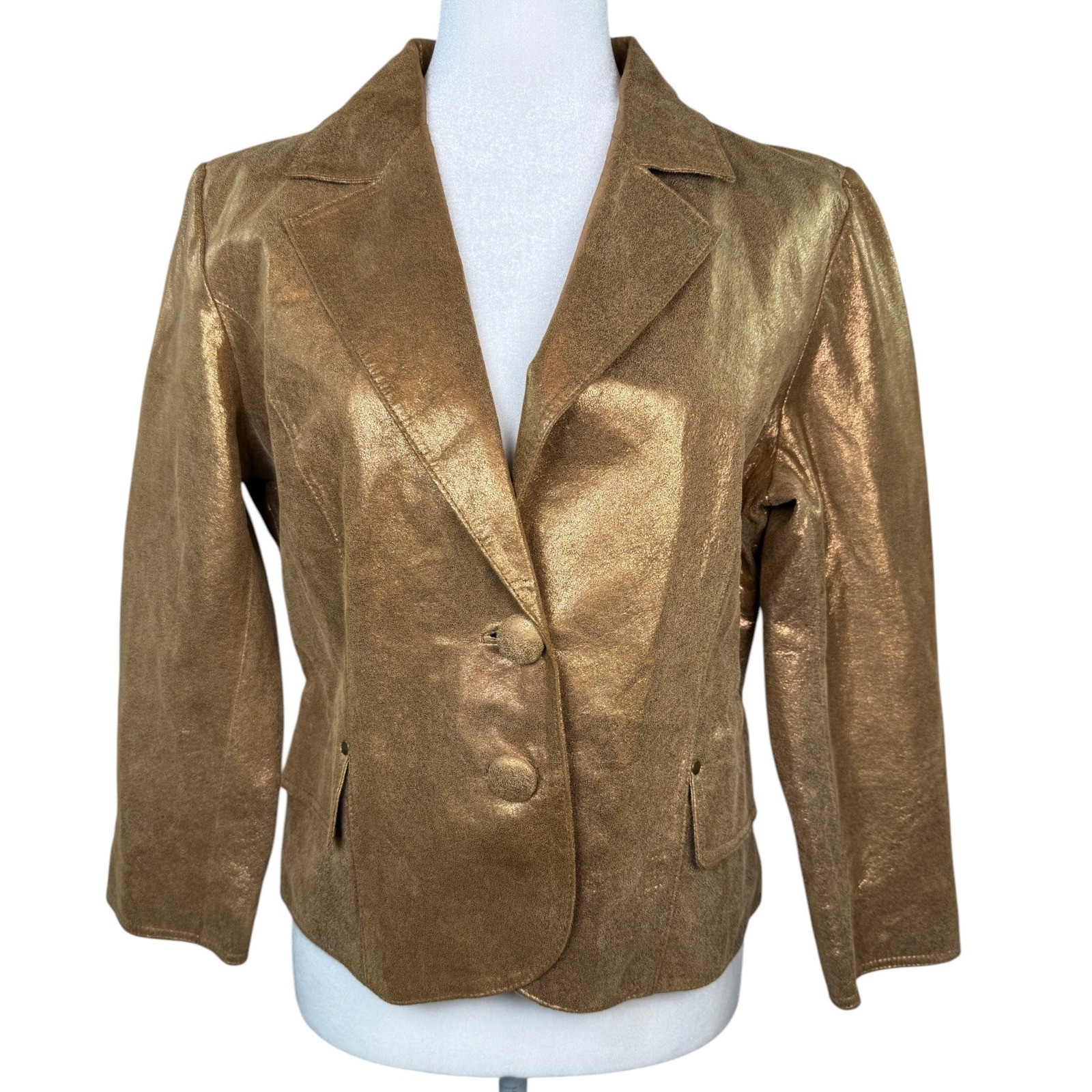Kenar Size 12 Metallic Gold Genuine Leather Blazer Jacket Two Button