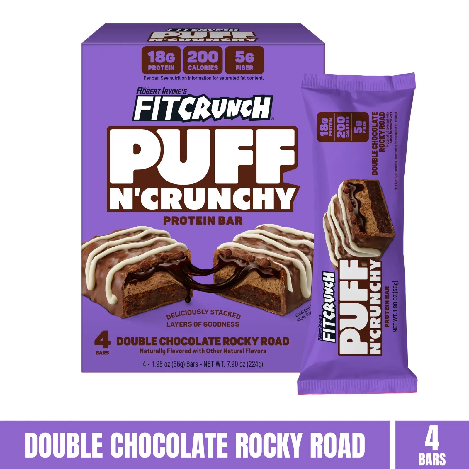 FITCRUNCH Puff n\' Crunchy, Double Chocolate Rocky Road, 18g Protein, 4 Count