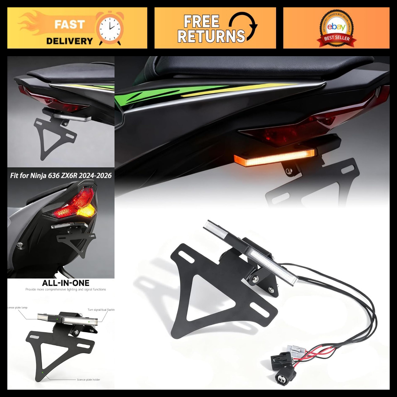 Motorcycle Rear License Plate Holder with LED Light & Turn Signal - ZX6R Fender