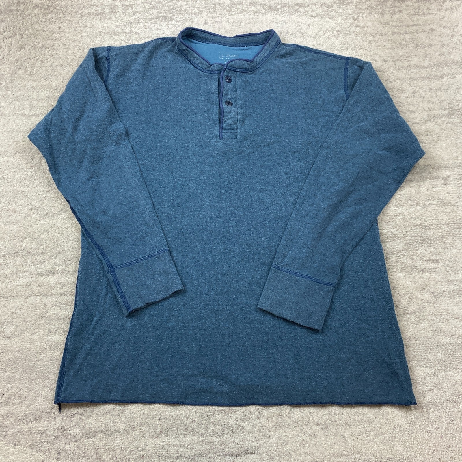 VTG LL Bean River Drivers Henley Shirt Large Tall Blue Wool Layer Base USA 90s