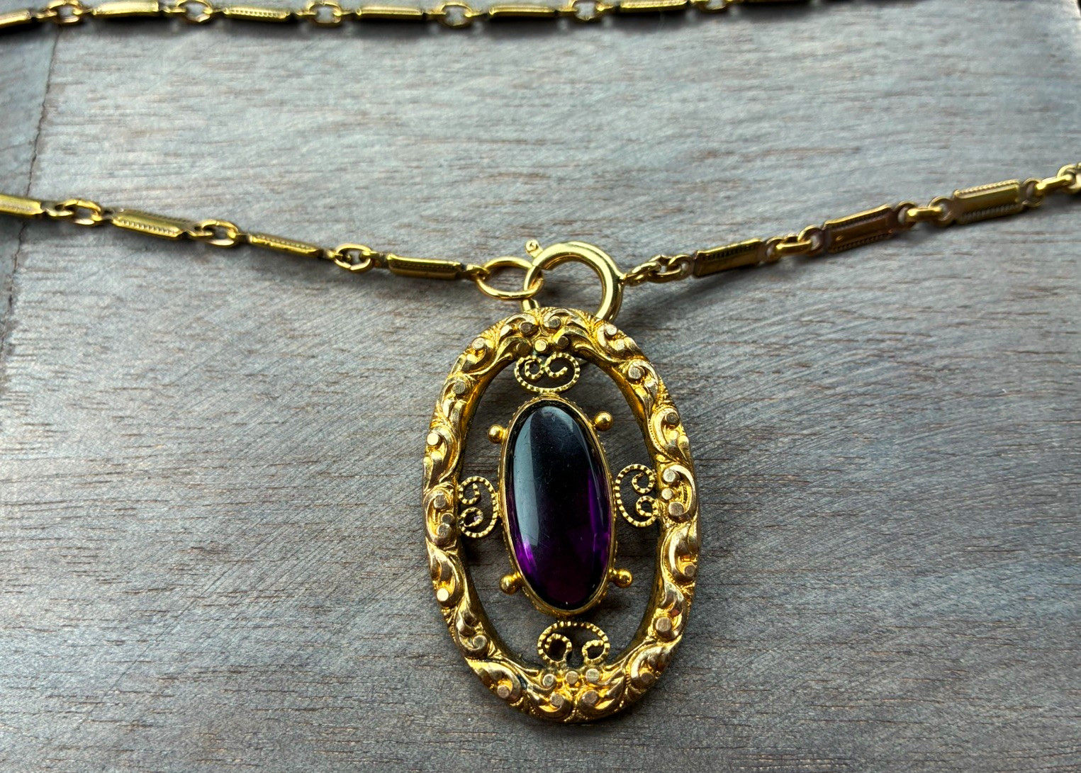 Antique Victorian 1800’s amethyst ornate scroll gold fill pendant large on chain Antique Victorian 1800’s amethyst ornate scroll gold fill pendant large on chain