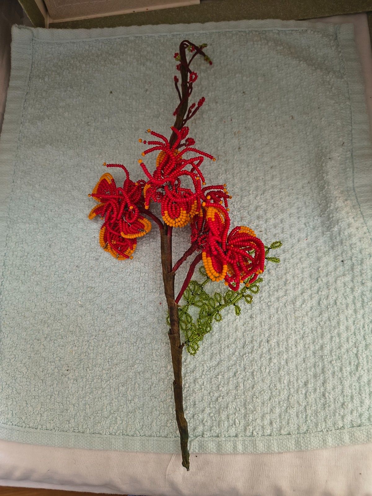 Vintage Handmade Beaded Flower Orange/Red/ Green Leaves Long Stemmed 12\