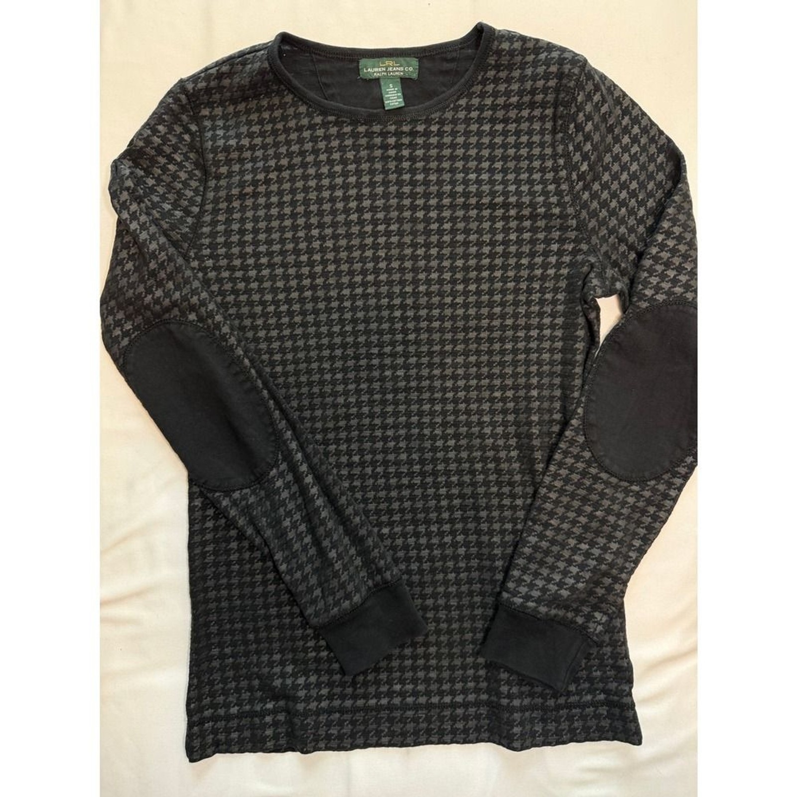 Lauren Ralph Lauren 100% Cotton Houndstooth Top Black Grey Vintage Small