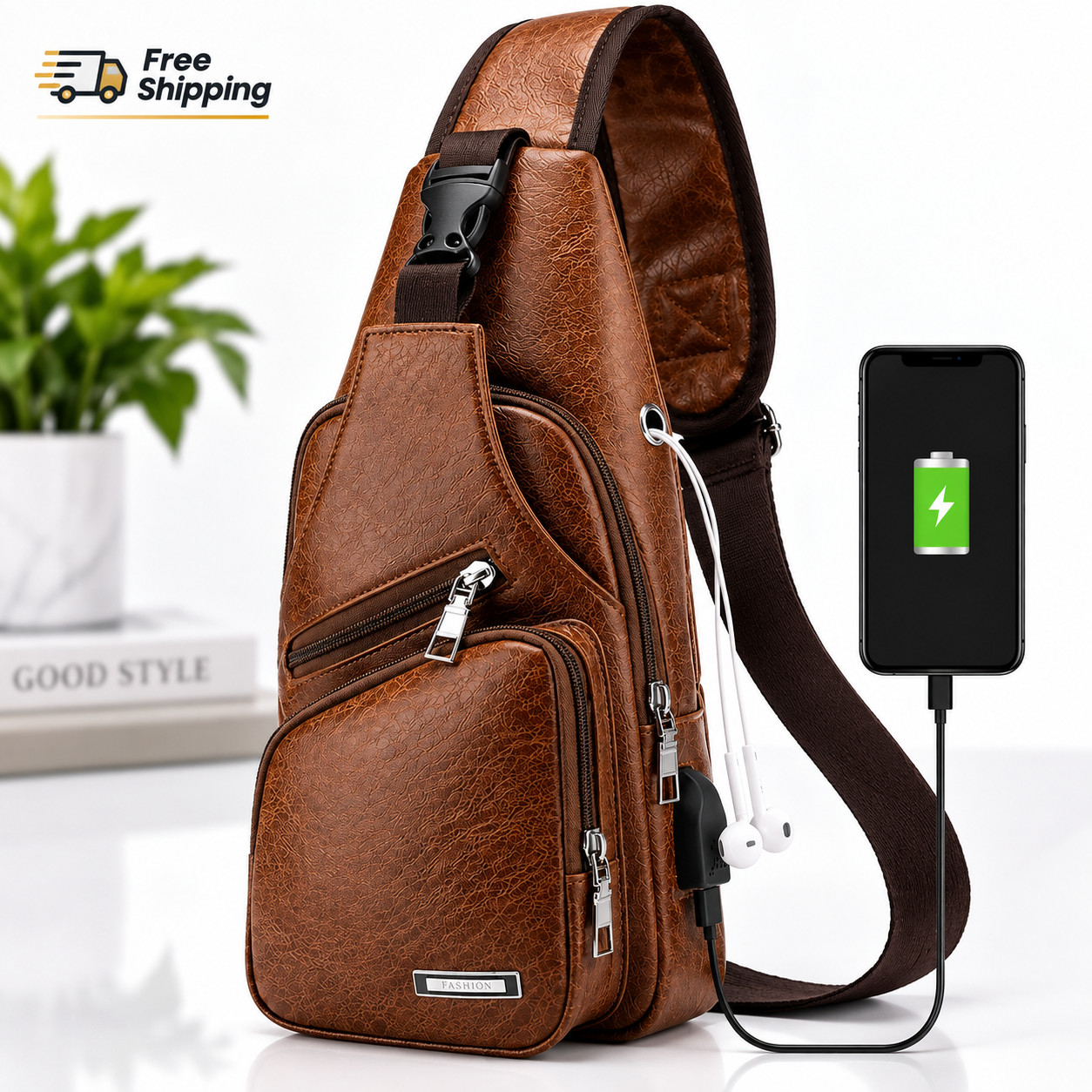 Brown Men\'s Chest Sling Backpack Crossbody Bag with USB Charging Port Travel