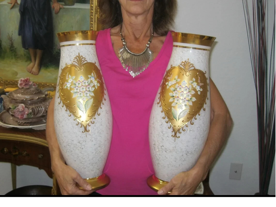 MUSEUM QUALITY Vintage 24K Tre Fuochi Gold Leaf Enameled Floral Vases 20