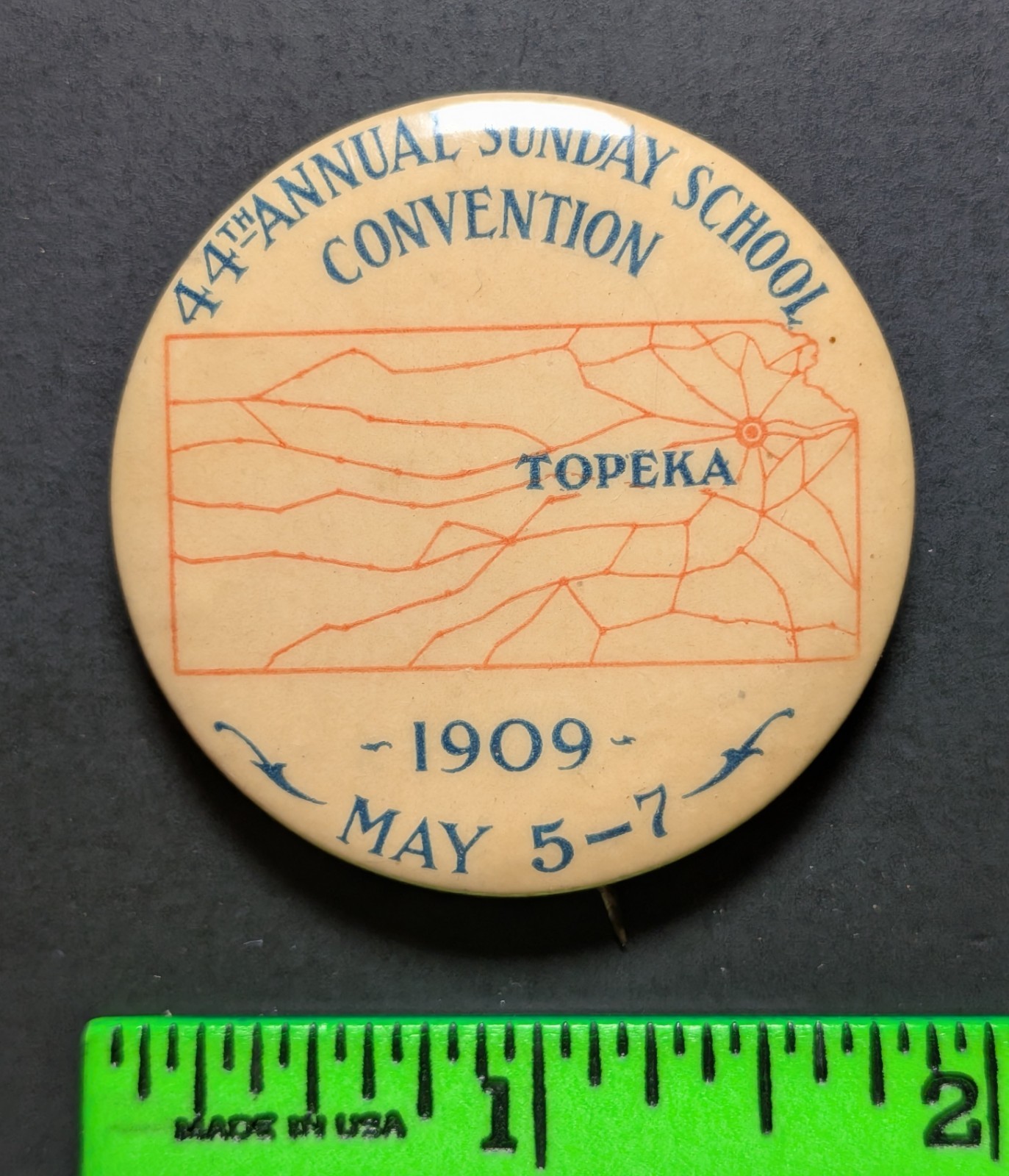 Vintage 1909 Topeka Kansas Sunday School Convention Pinback Pin Vintage 1909 Topeka Kansas Sunday School Convention Pinback Pin