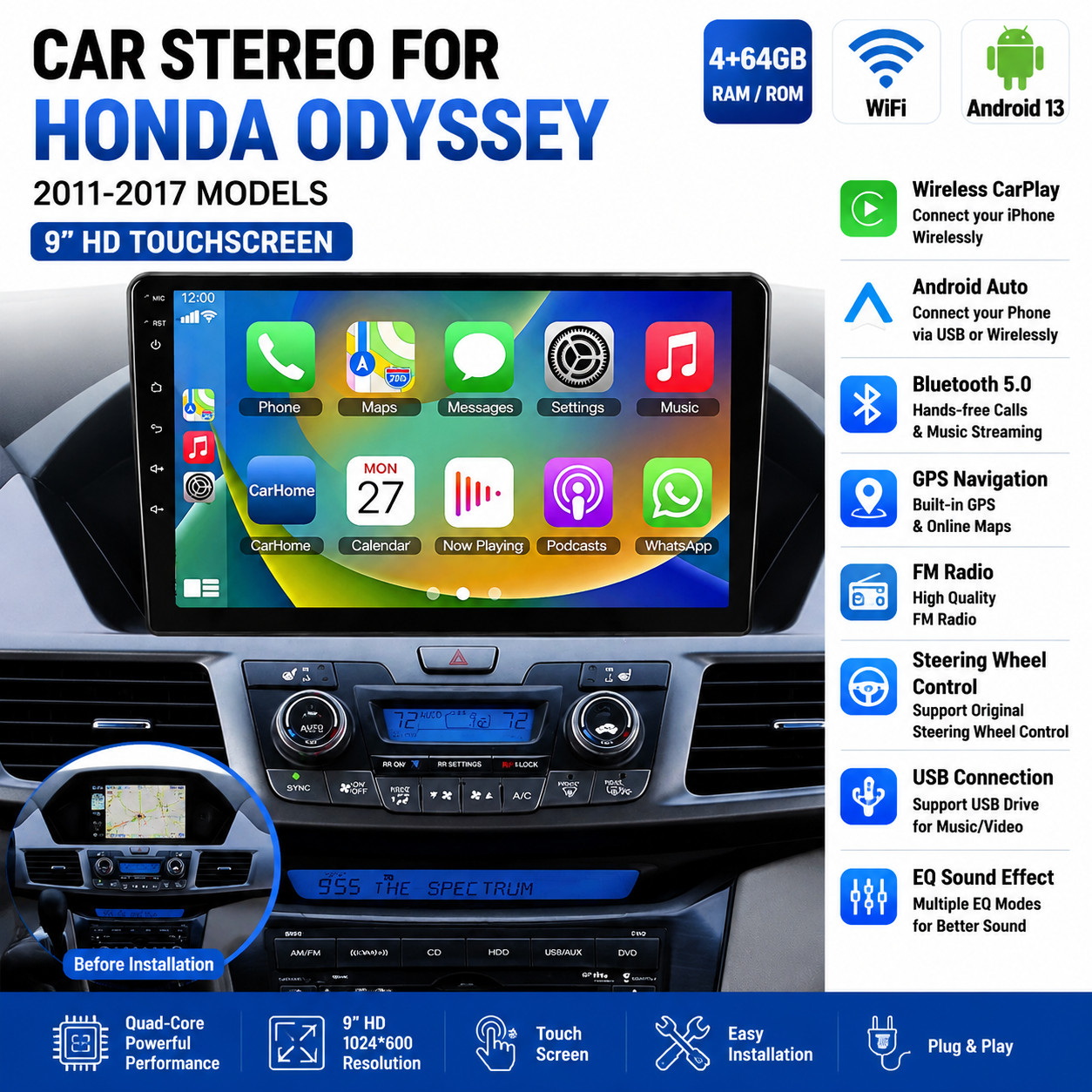 For 2011-2017 Honda Odyssey Carplay Radio Stereo EQ Cam FM RDS