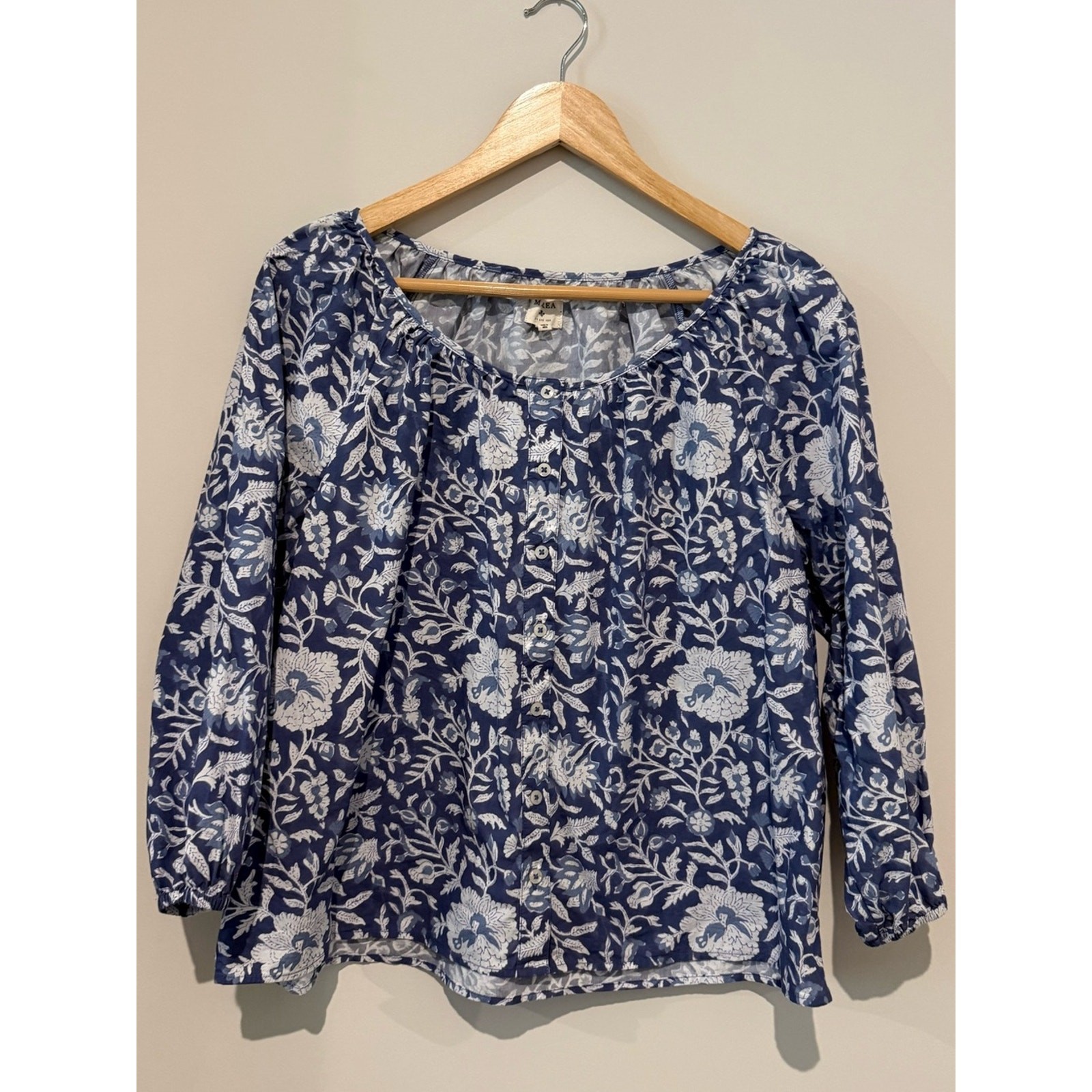 Marea by Liz Joy Blue Floral Button-Front Poplin Block Print 100% Cotton Top XS Marea by Liz Joy Blue Floral Button-Front Poplin Block Print 100% Cotton Top XS