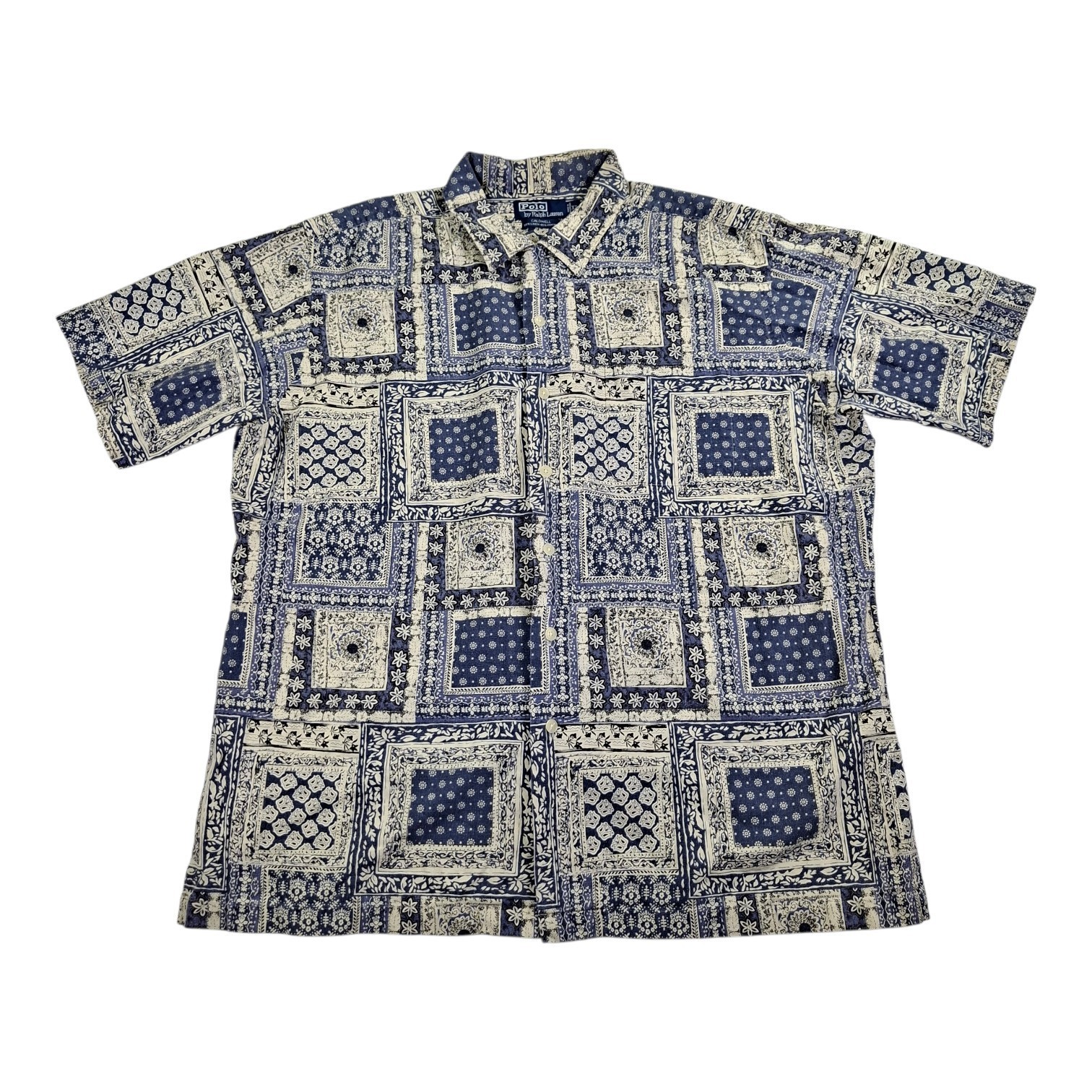 Vintage 90s Polo Ralph Lauren Caldwell XL Linen Blue Bandana Patchwork Shirt