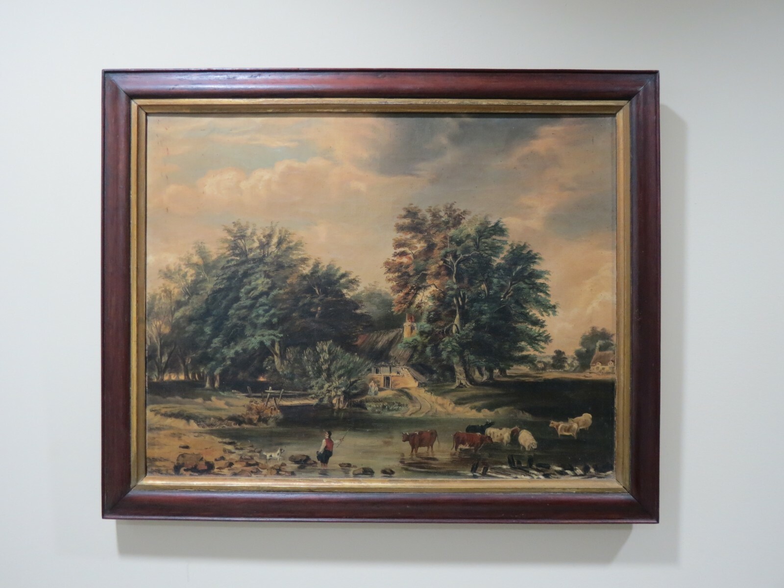 Antique Folk Art Farm Landscape Trees, Cows & Cottage Oil on Canvas Painting Antique Folk Art Farm Landscape Trees, Cows & Cottage Oil on Canvas Painting
