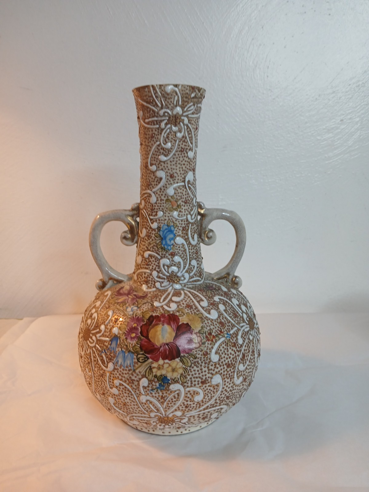 Antique Porcelain Vase Hand Painted Floral Asian  Handles gold Moriage 1900's 