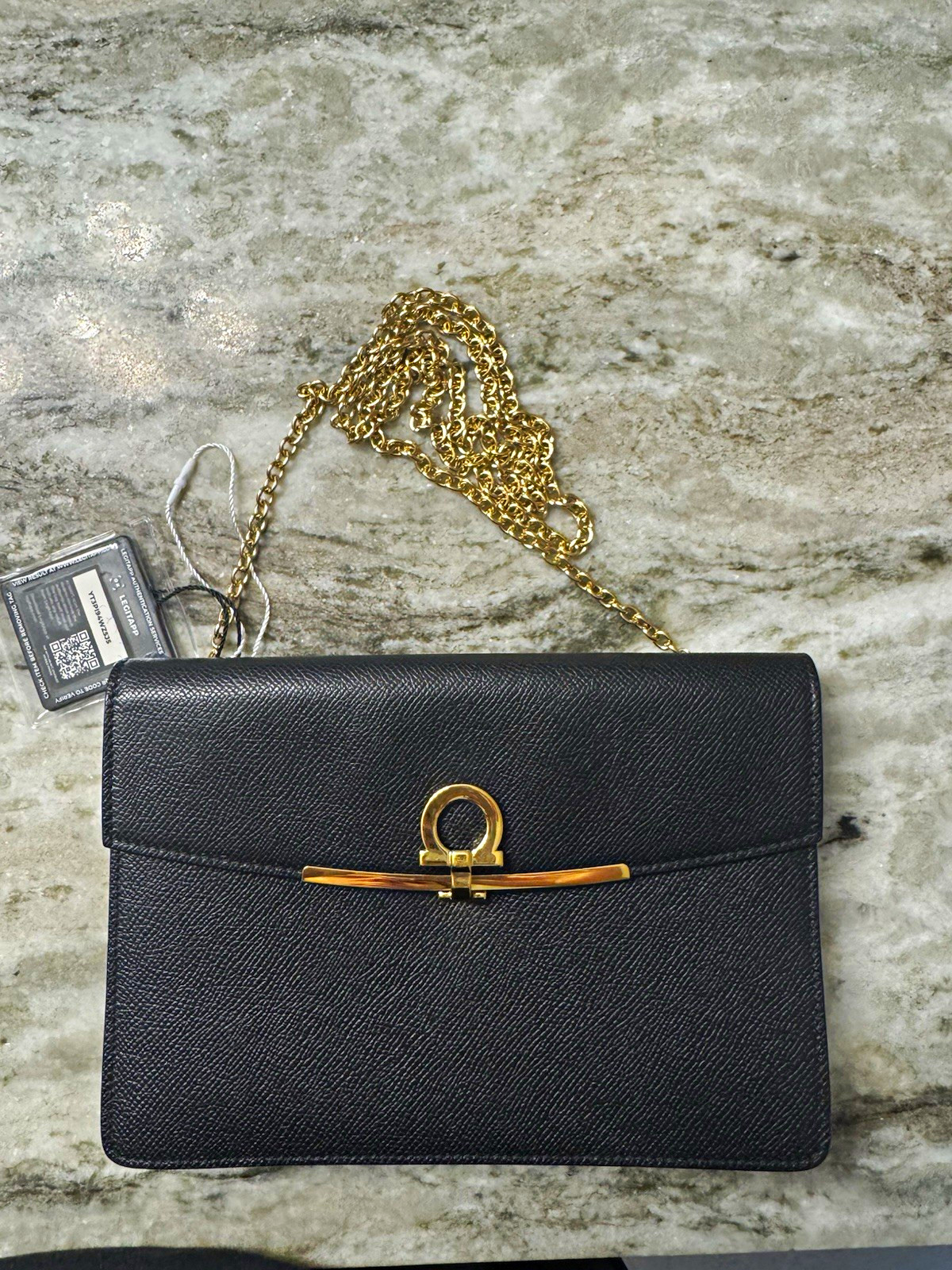 Salvatore Ferragamo Black Shoulder Bag Gold Chain Detachable Strap Clasp