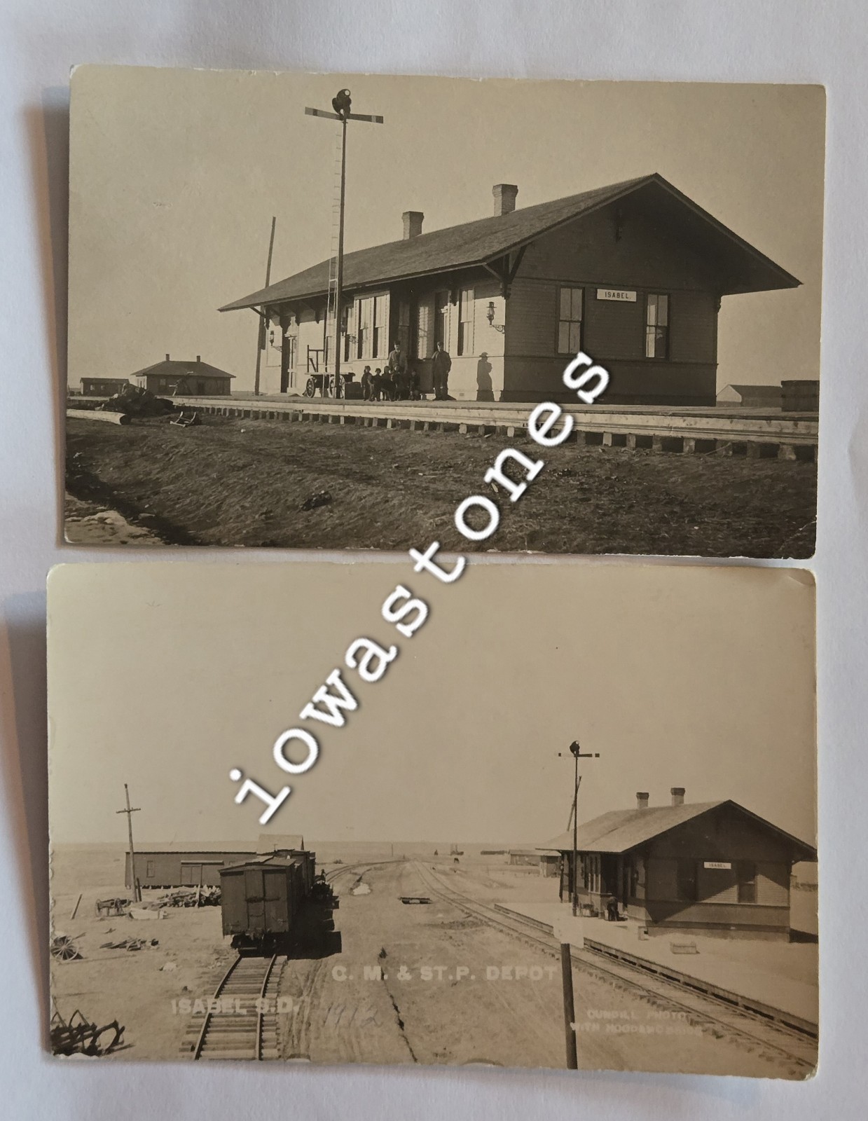 (2) RPPC\'s Isabel South Dakota C.M. & ST.P. Railroad Depot Orig Cundill Photo
