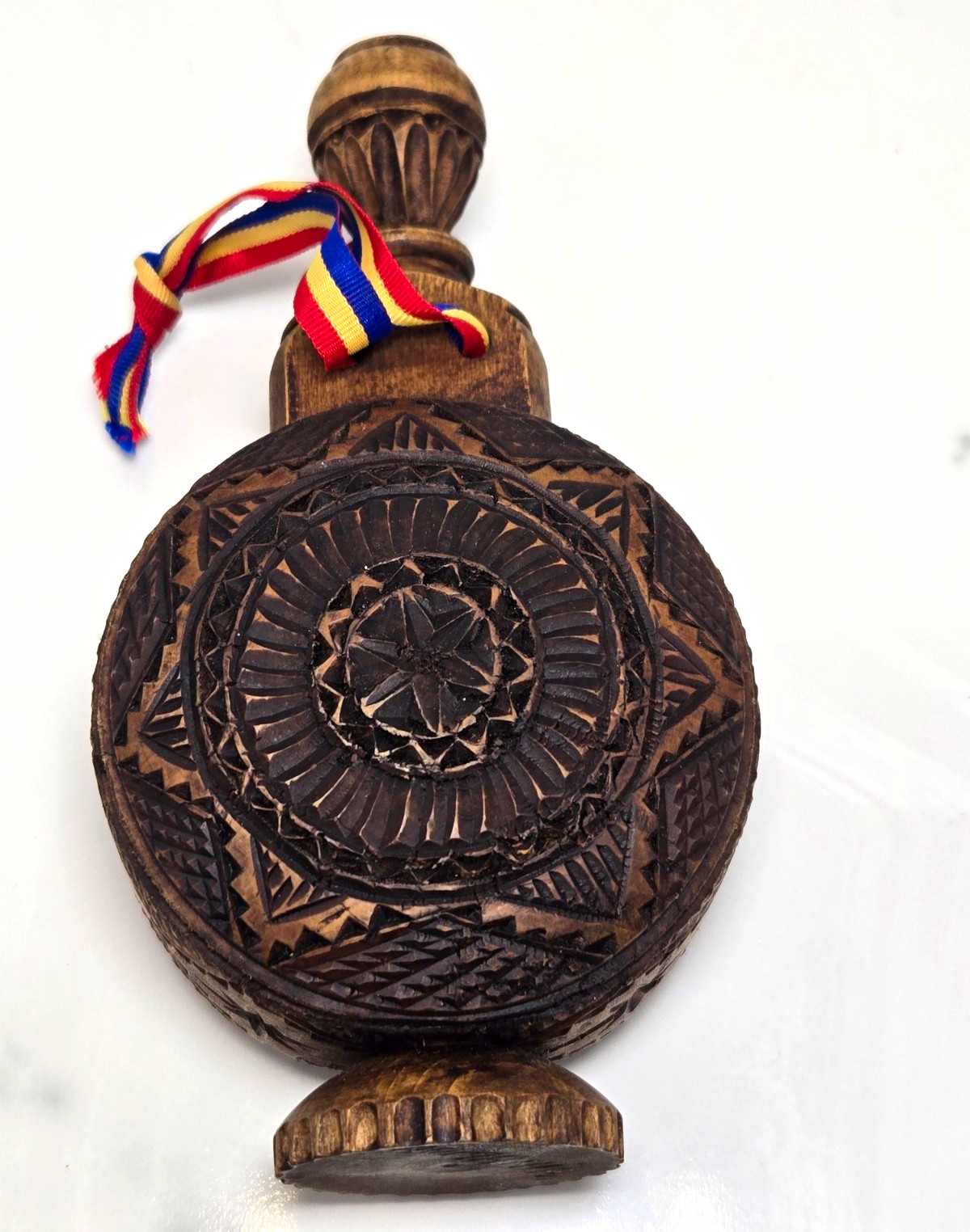 Hand Carved Wooden Round Flask, Brown Decorative Pattern, Stopper & Ribbon Hand Carved Wooden Round Flask, Brown Decorative Pattern, Stopper & Ribbon