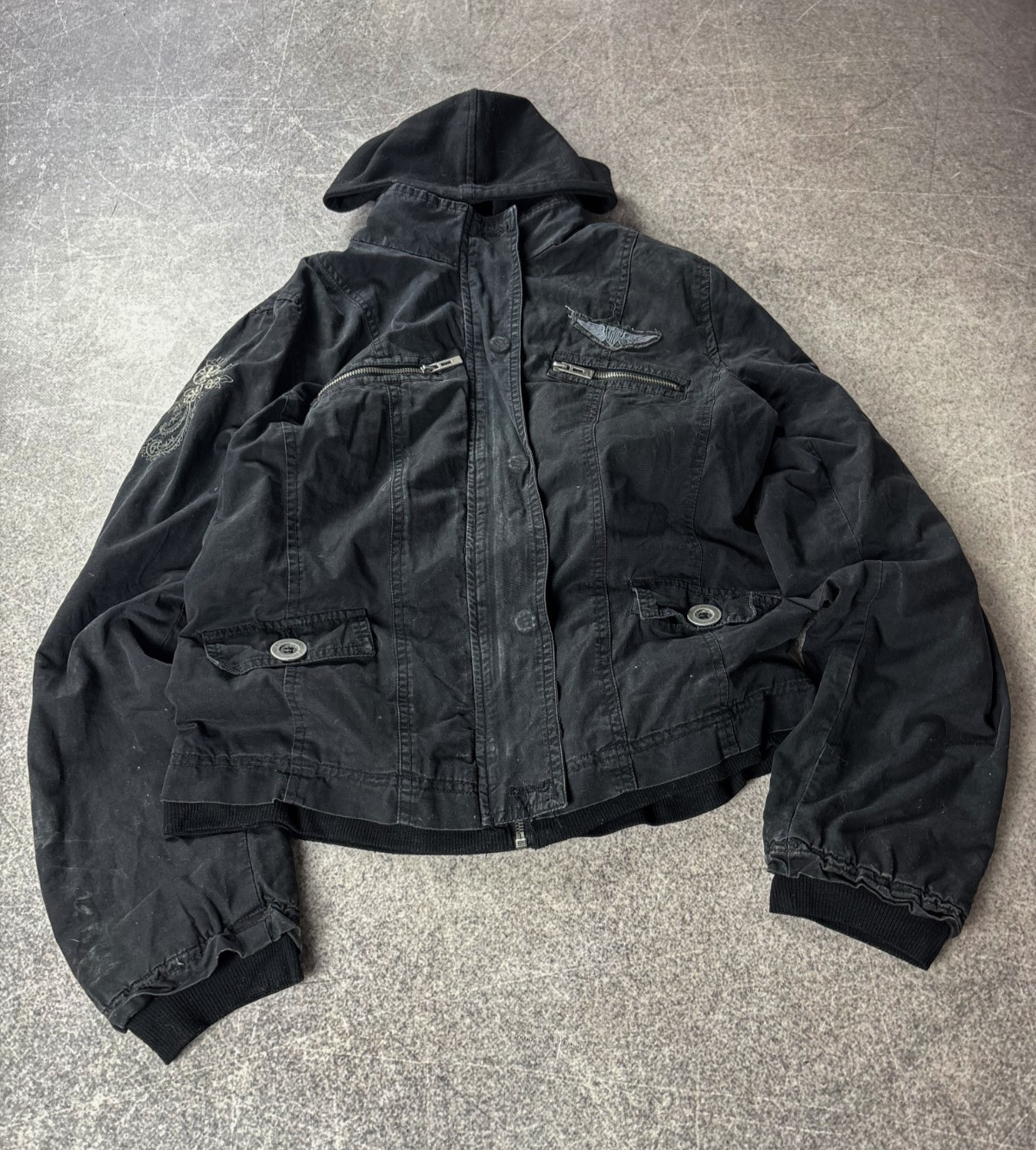 Vintage Avant Garde Faded Washed Hooded Jacket Embroidered Biker Streetwear