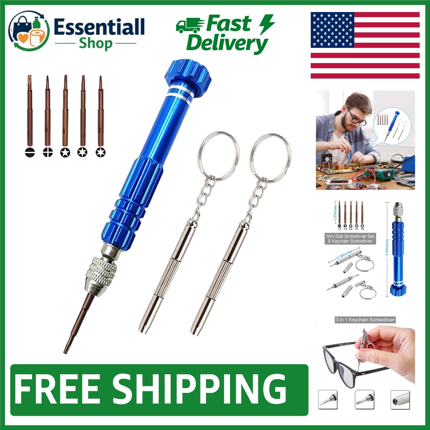 5-in-1 Multifunctional Eyeglass Repair Kit with Keychain Screwdriver, Blue 5-in-1 Multifunctional Eyeglass Repair Kit with Keychain Screwdriver, Blue
