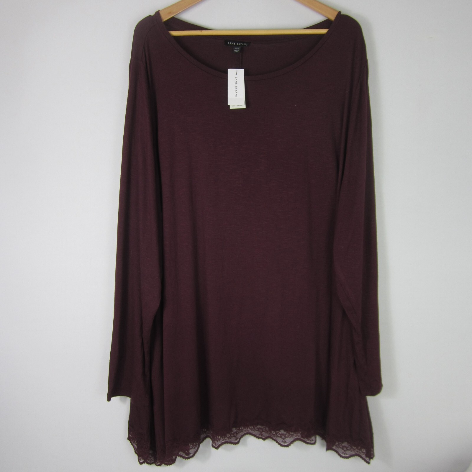 New Lane Bryant Womens 26 - 28 Eggplant Purple LS Lace Trim Tunic Shirt Stretchy