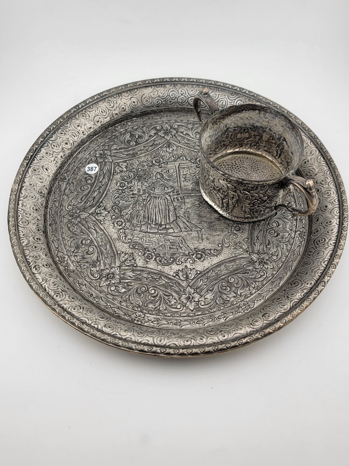 Antique 19C Silver Plate Derby Silver Repousse Plate Dutch Scenes W Engraved Cup