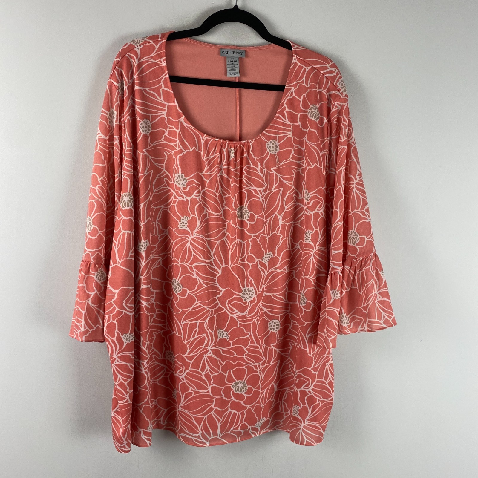 Catherines Blouse Size 3X Coral Pink Floral 3/4 Bell Sleeve Lined Scoop Neck