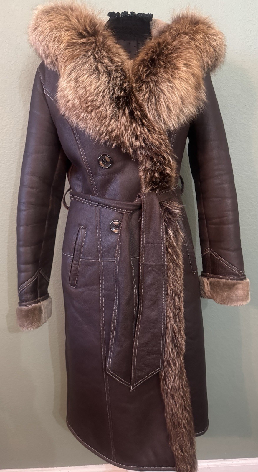 Vintage Italian Artisan Crafted Genuine Shearling Sheepskin Hooded Brown US 4-6