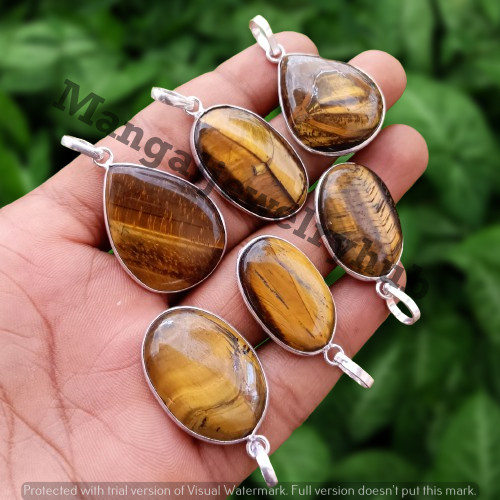 Wow Tiger\'s Eye Gemstone 5PCS Pendants Lot 925 Silver Plated Wholesale Jewelry
