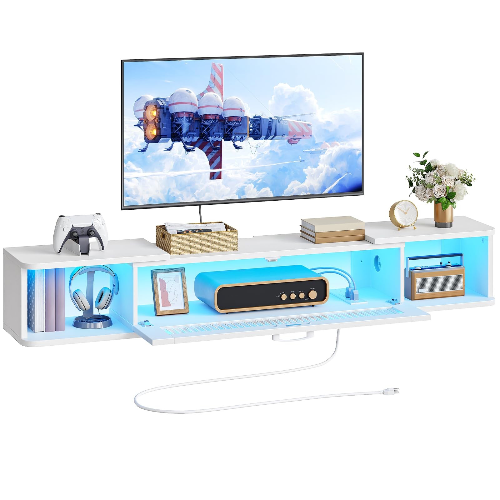 Hoobro Floating Tv Stand Led Light Power Outlet For Up To 65 Wall Mounted Tv