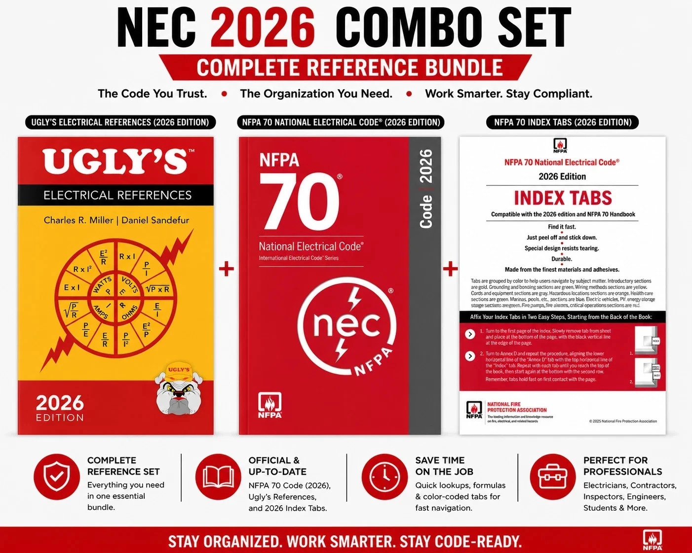 NFPA 70 NEC 2026 PB + Ugly's 2026 + 2026 Index Tabs Combo Set of 3