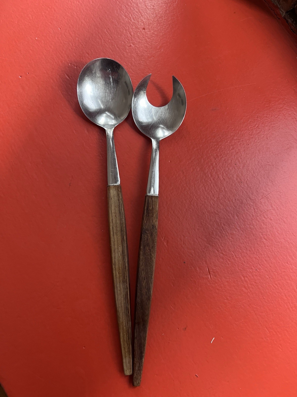 Vintage Mid-Century Modern Stainless & Wood Salad Servers Set | Fork & Spoon Vintage Mid-Century Modern Stainless & Wood Salad Servers Set | Fork & Spoon