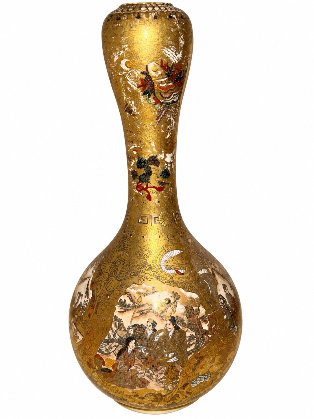 Rare Huge Japanese Satsuma Vase Samurai & Court Scenes, Garlic Head, Meiji c.188 Rare Huge Japanese Satsuma Vase Samurai & Court Scenes, Garlic Head, Meiji c.188