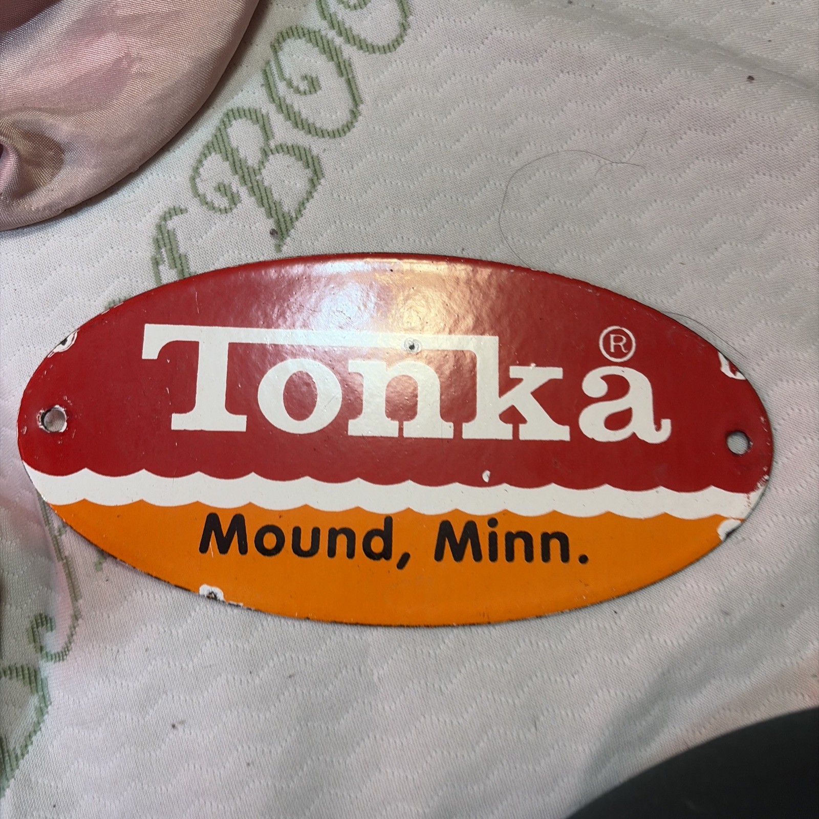 Porcelain Tonka Mound Minnesota Red And Orange Sign