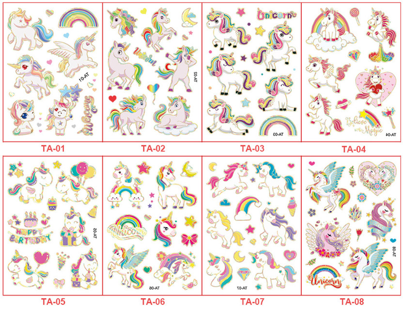 8Sheets Cartoon Unicorn Dinosaur Mermaid Metallic Temporary Tattoo Stickers NH27