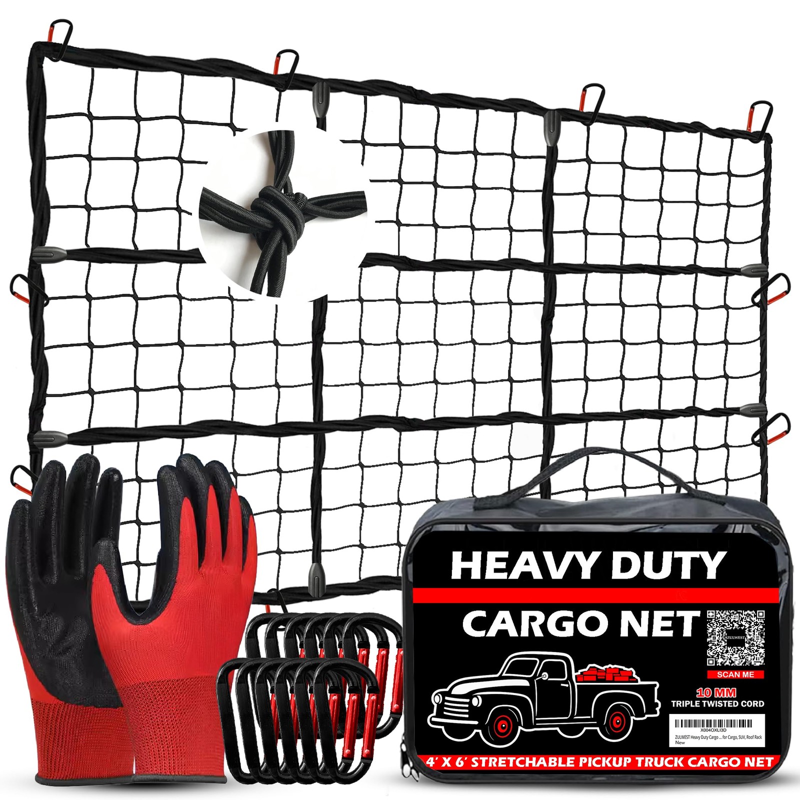 Heavy Duty Cargo Net for Pickup Truck Bed, 4x6 ft Stretches to 8x12 ft  10mm ...