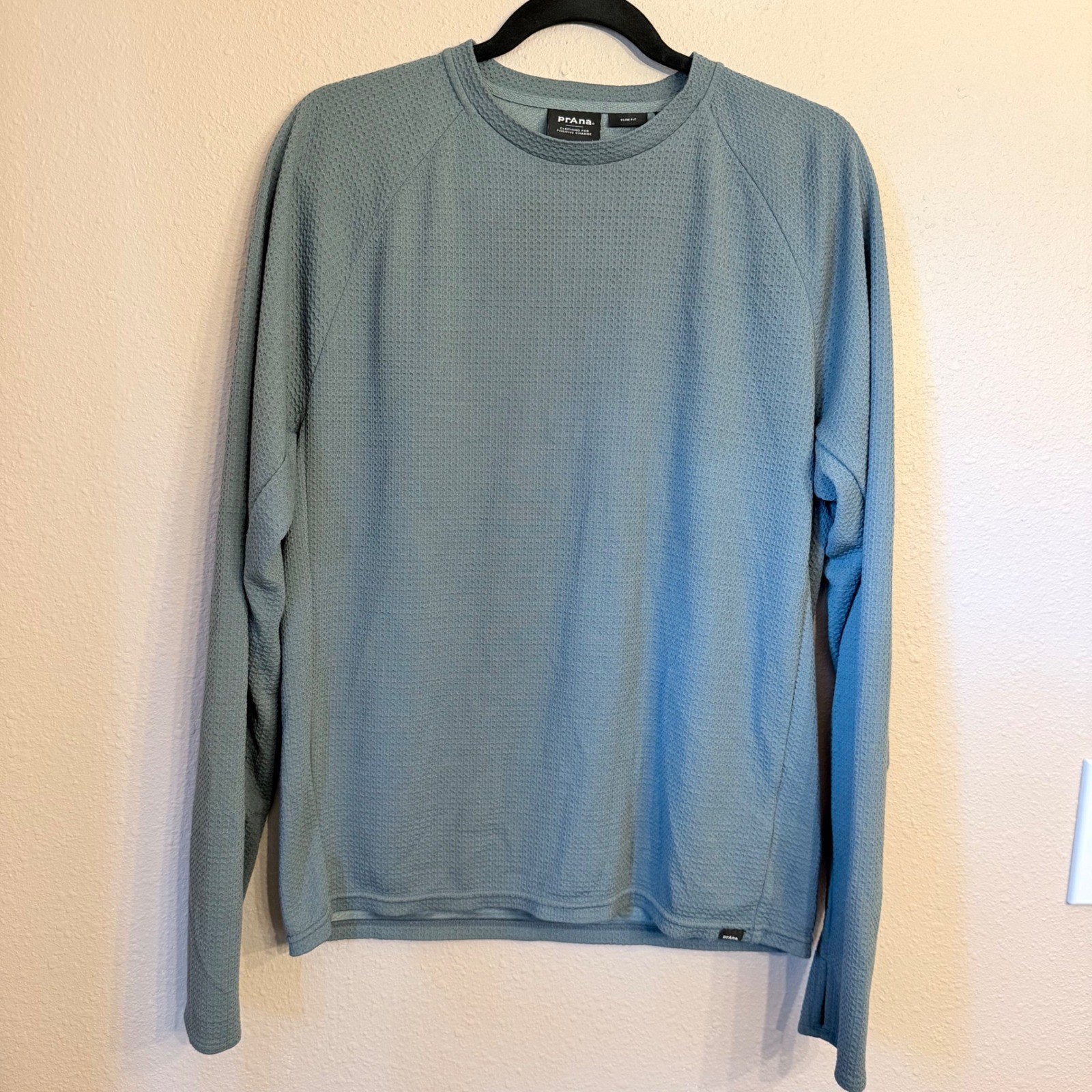 Prana Mens Merino Wool Blend Waffle Knit Long Sleeve Slim Fit Top Blue Grey M