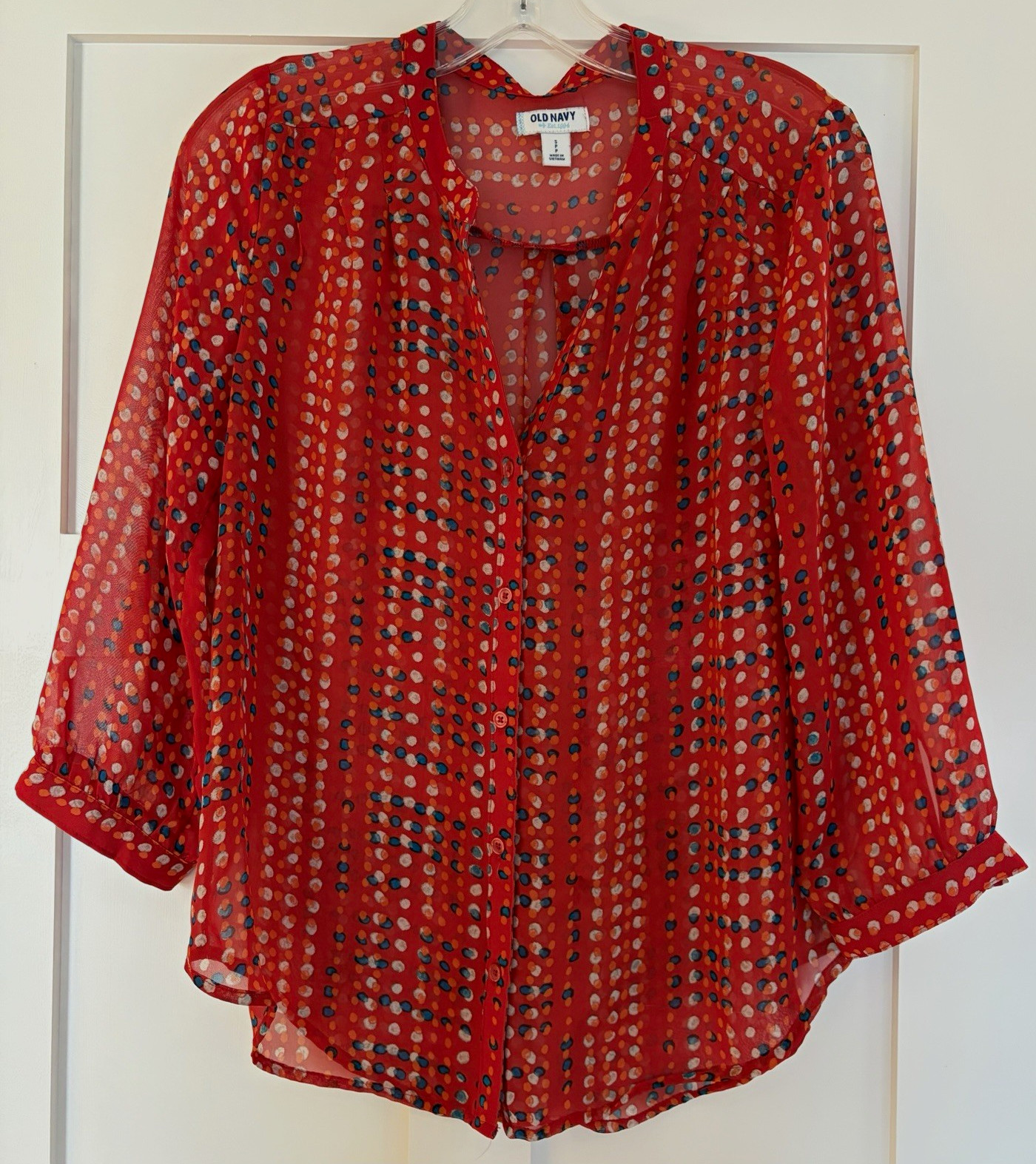 Old Navy Women’s Red Polka Dot Sheer Chiffon V-Neck Button Blouse, S Old Navy Women’s Red Polka Dot Sheer Chiffon V-Neck Button Blouse, S