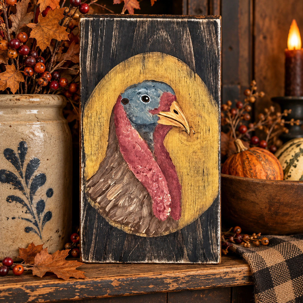 Primitive Turkey Portrait Hand Painted Reclaimed Wood Thanksgiving Wall Decor