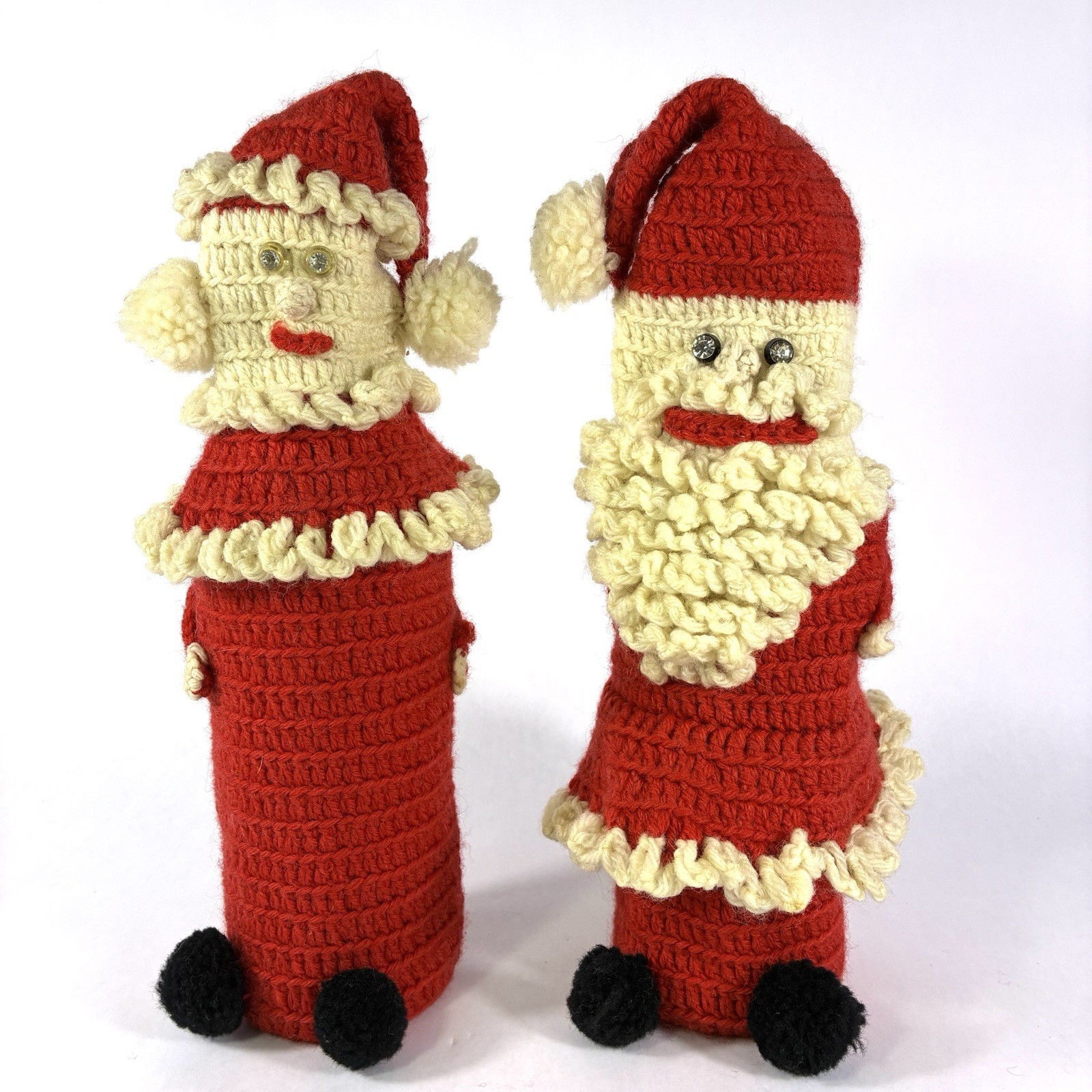 Vtg Hand Crocheted Mr & Mrs Claus Wine Bottle Cover Christmas Top & Bottom