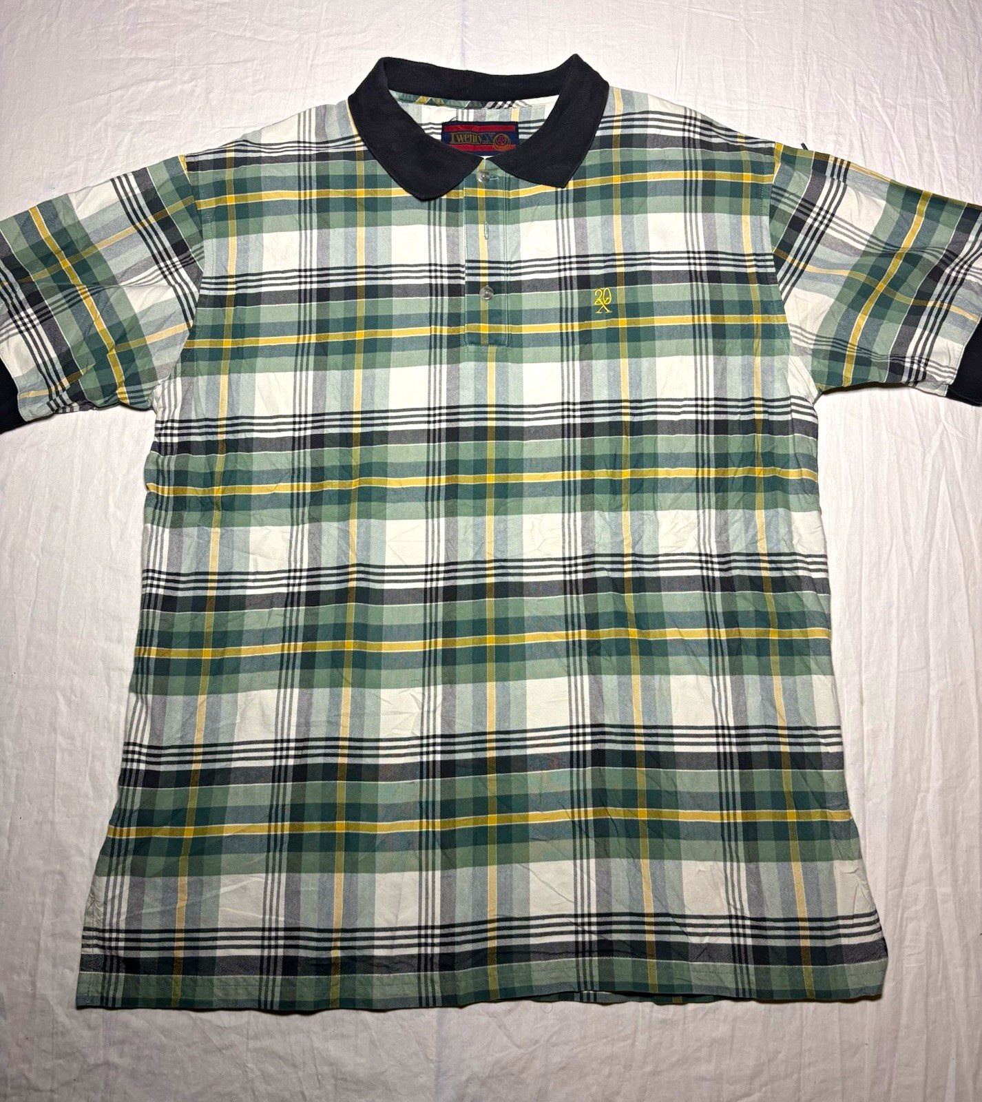 Vintage 90s Twenty X Wrangler Green Plaid Polo Shirt Men\'s Large Cotton Short SL