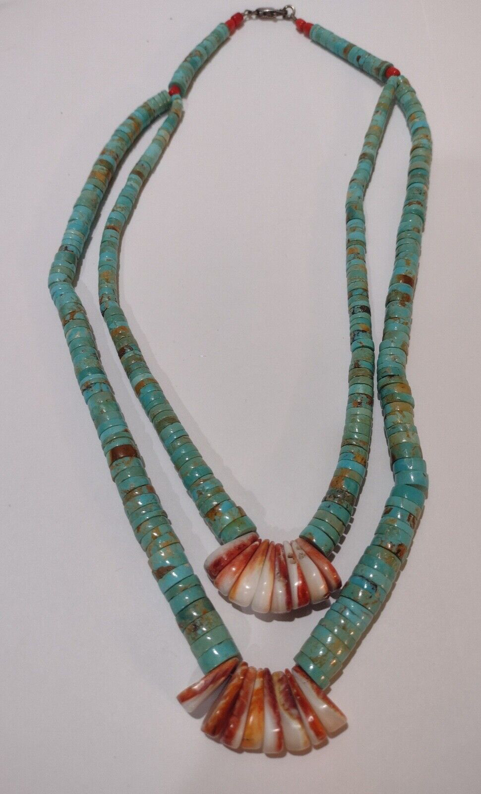 Vintage Handmade NATURAL TURQUOISE 2-Strand NECKLACE w Spiny Oyster Tabs video