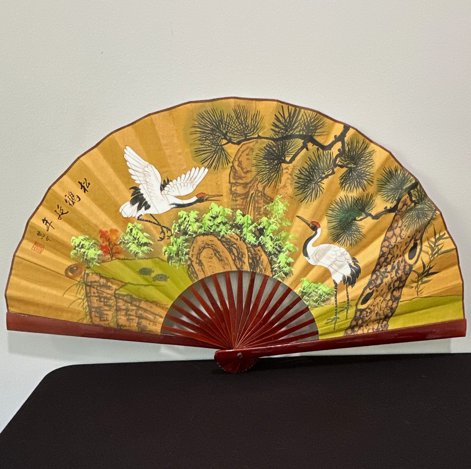 Vintage Folding Hand Fan Asian Crane Landscape Design Painted Wood Slats Red.