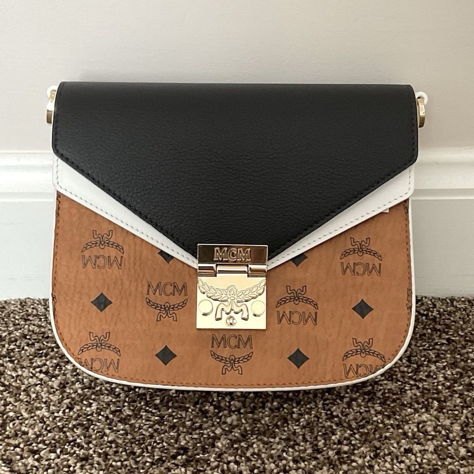MCM Monogram Visetos Crossbody Bag Push Lock Gold Hardware Brown/Black/White