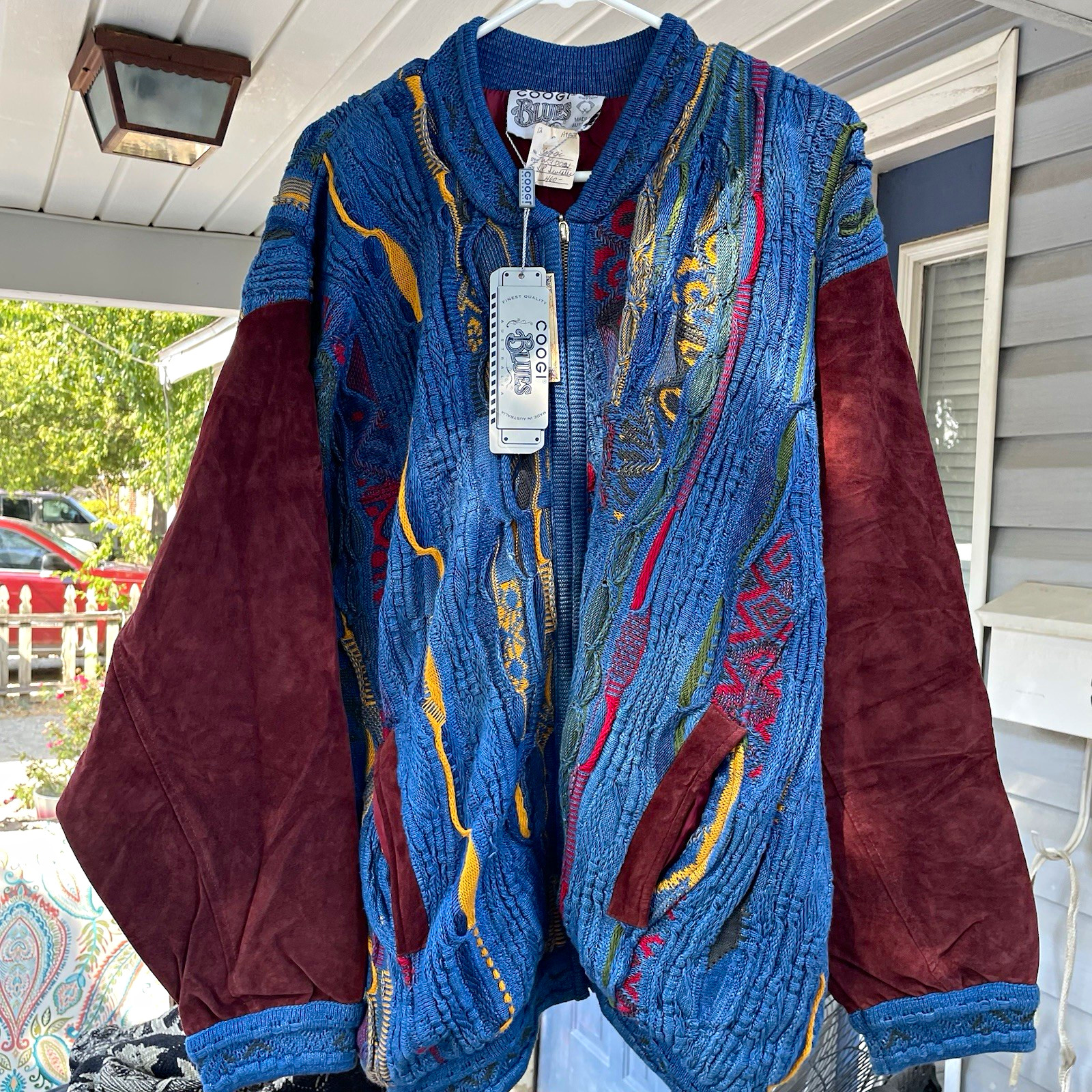 COOGI Blues Mens XL Full Zip Cotton Cable-Knit Sweater Blue Burgundy Multi GRAIL COOGI Blues Mens XL Full Zip Cotton Cable-Knit Sweater Blue Burgundy Multi GRAIL