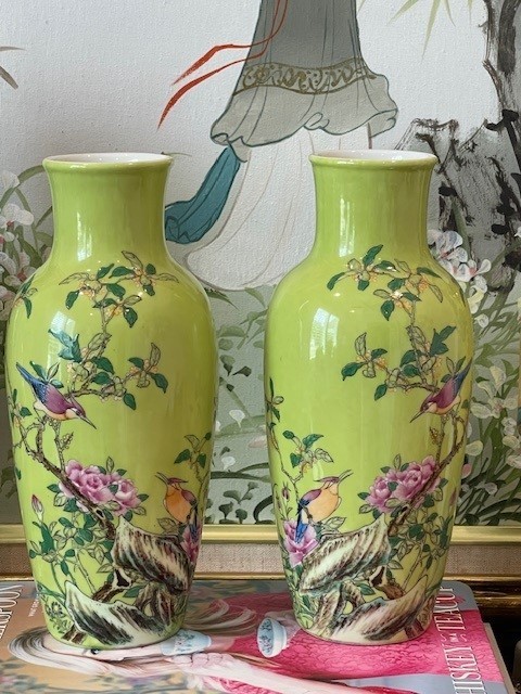 Pair of Yongzheng Famille Rose Porcelain Flower Bird Bottle Vases