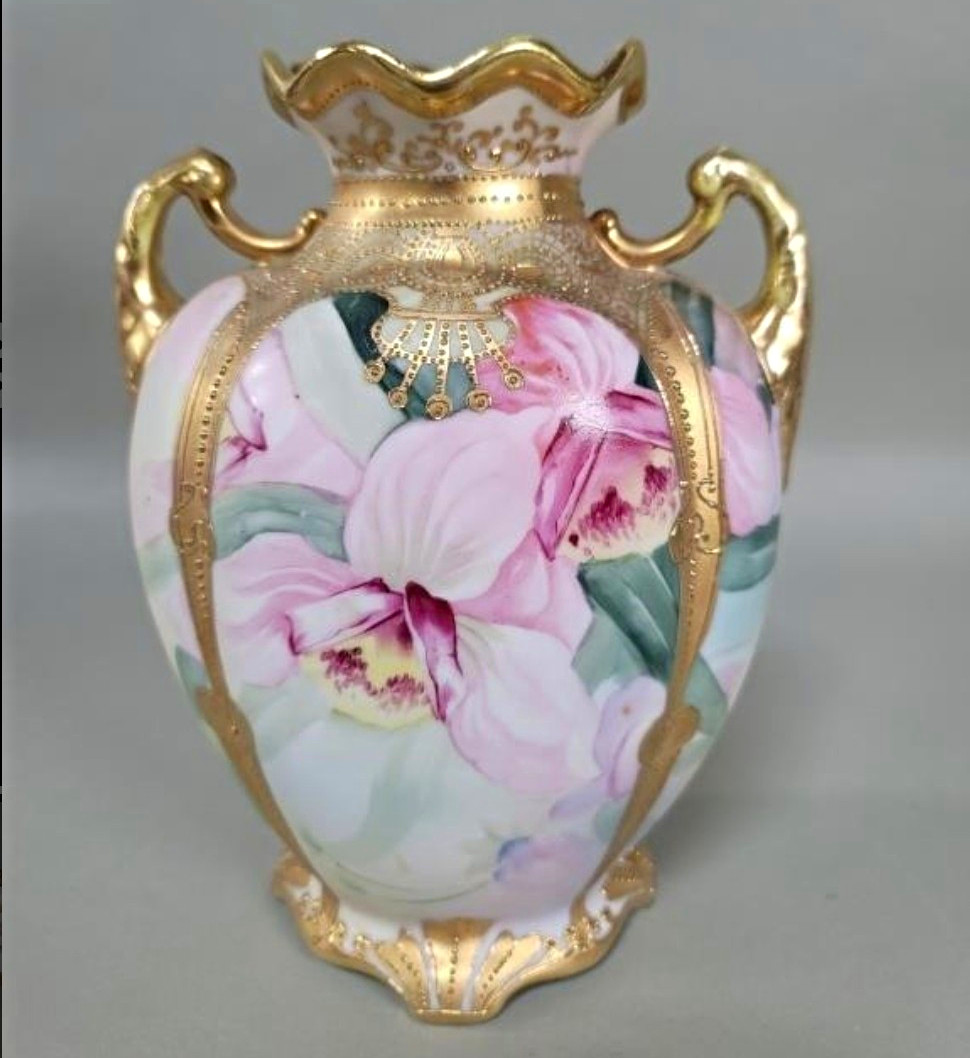 Antique Nippon Hand Painted Porcelain Orchid Vase Gold Gilt Moriage Handle