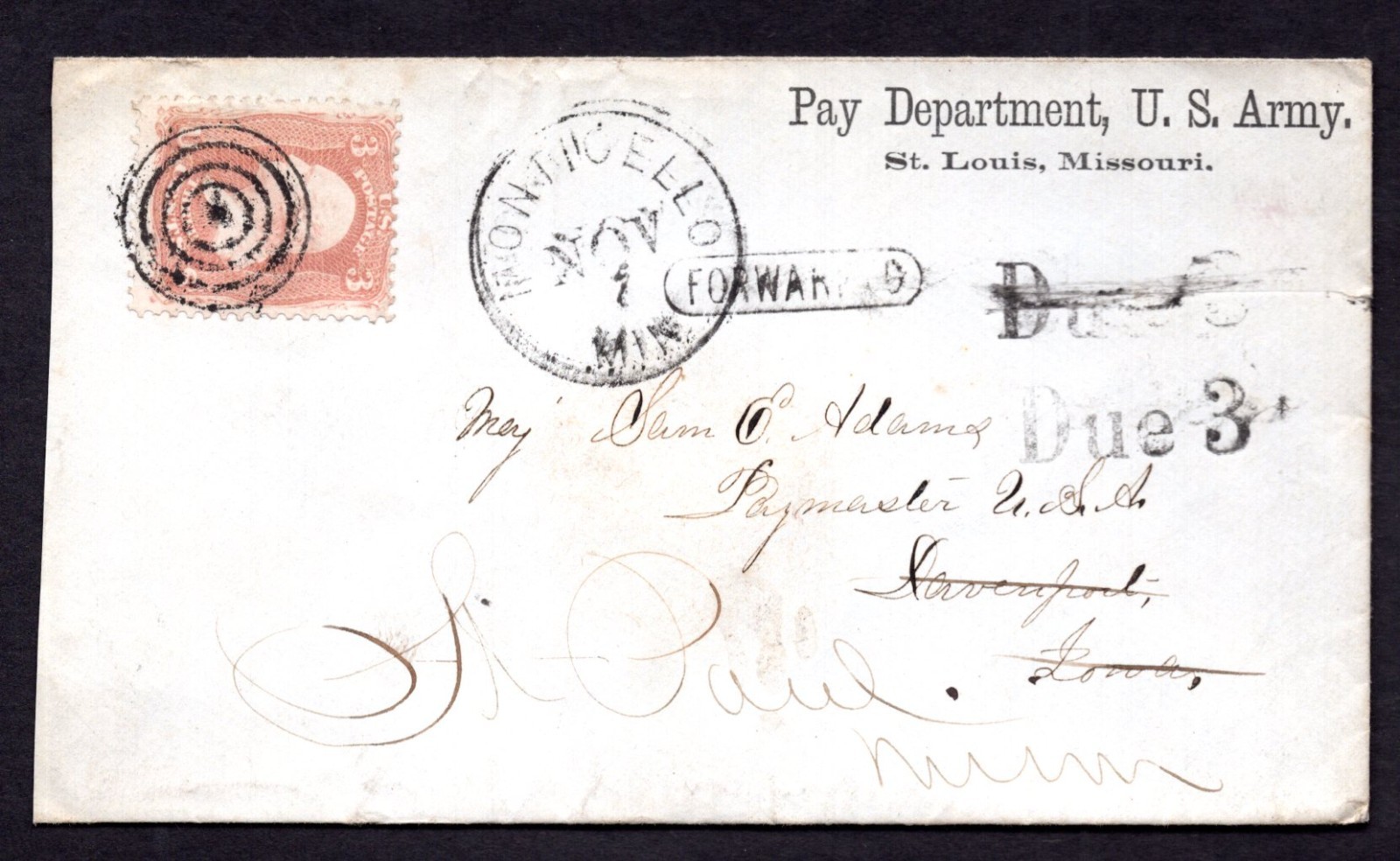 Us 1862 U.S. Army Civil War Period Cover Scott #65 Tied Fancy Target Cancel