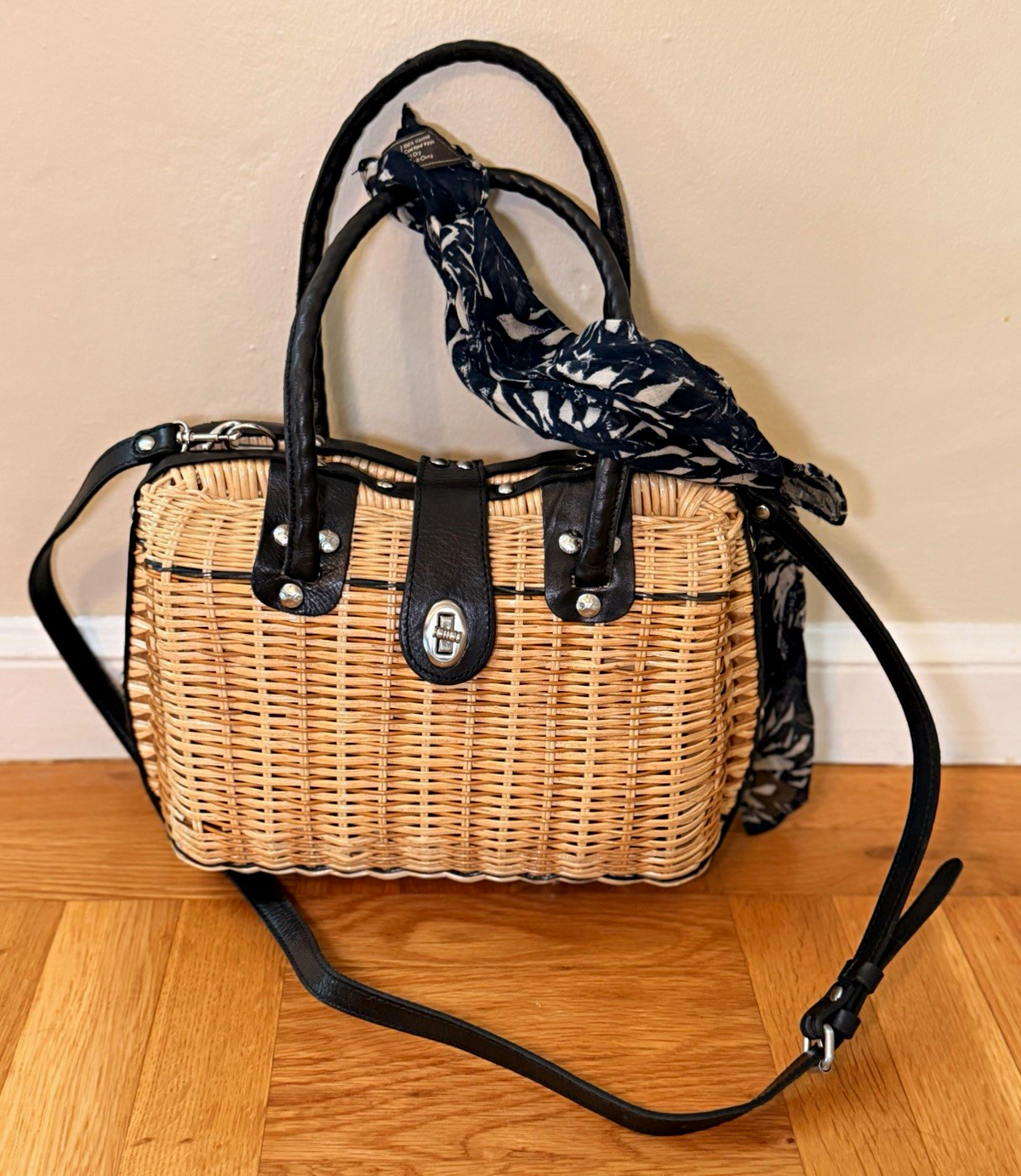 Patricia Nash Woven Satchel Top Handle Turn Lock Tan/Black w/ Detachable Strap