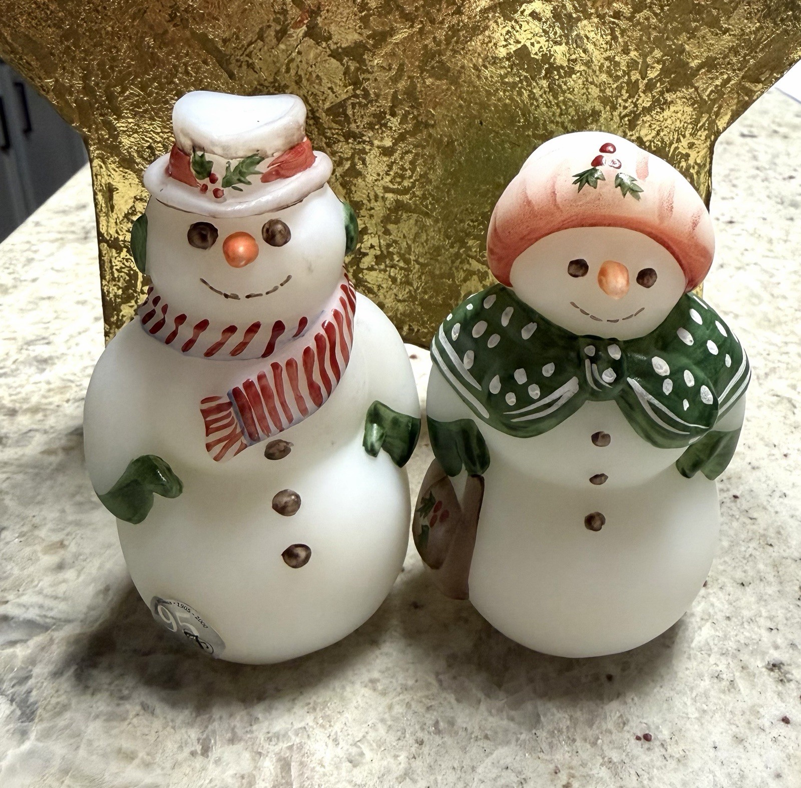 Fenton 95th Anniversary Mr & Mrs Snowman Glass Hand Painted Artist Signed Fenton 95th Anniversary Mr & Mrs Snowman Glass Hand Painted Artist Signed