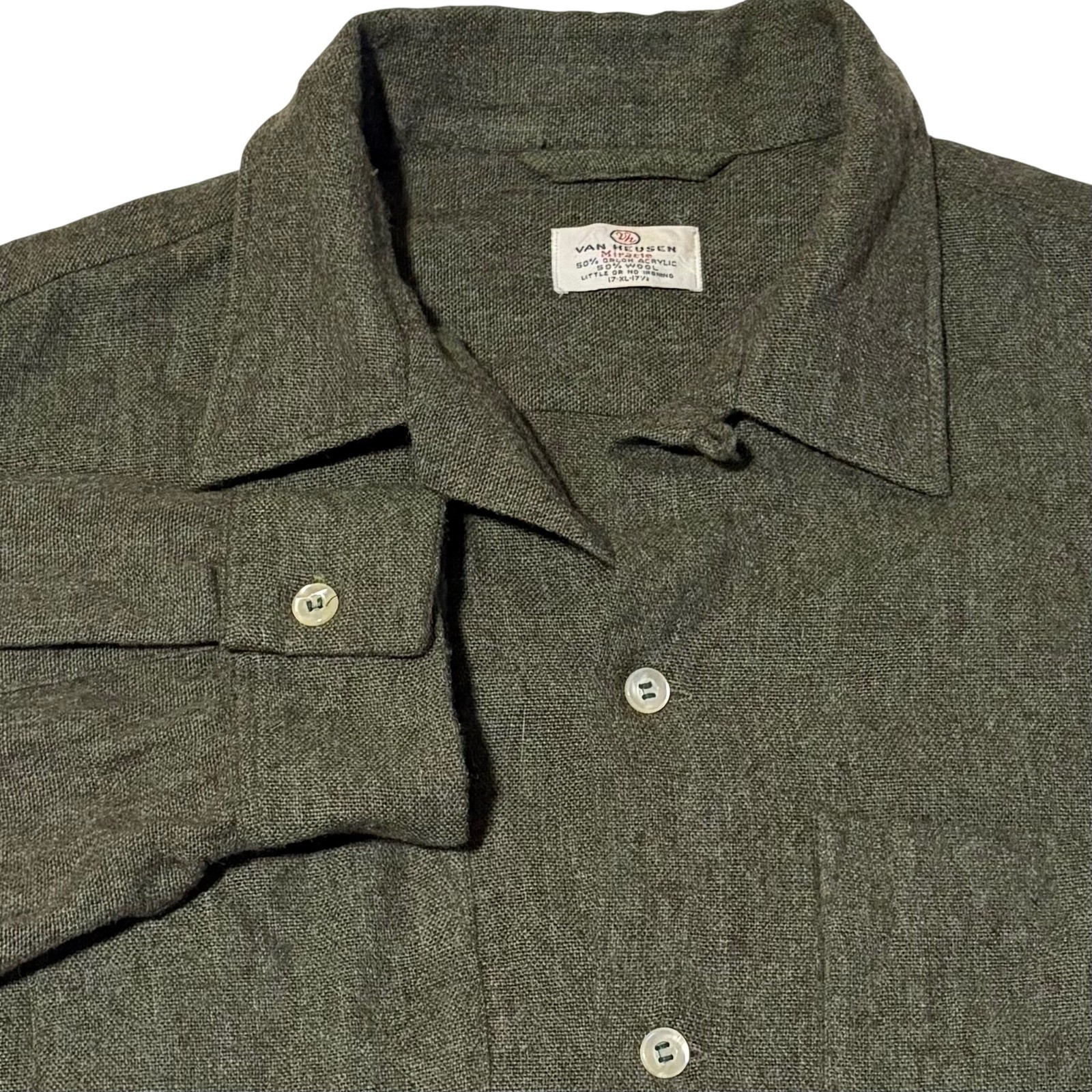 Vintage 1960s Van Heusen Miracle Camp Shirt Mens XL Olive Green Wool Blend