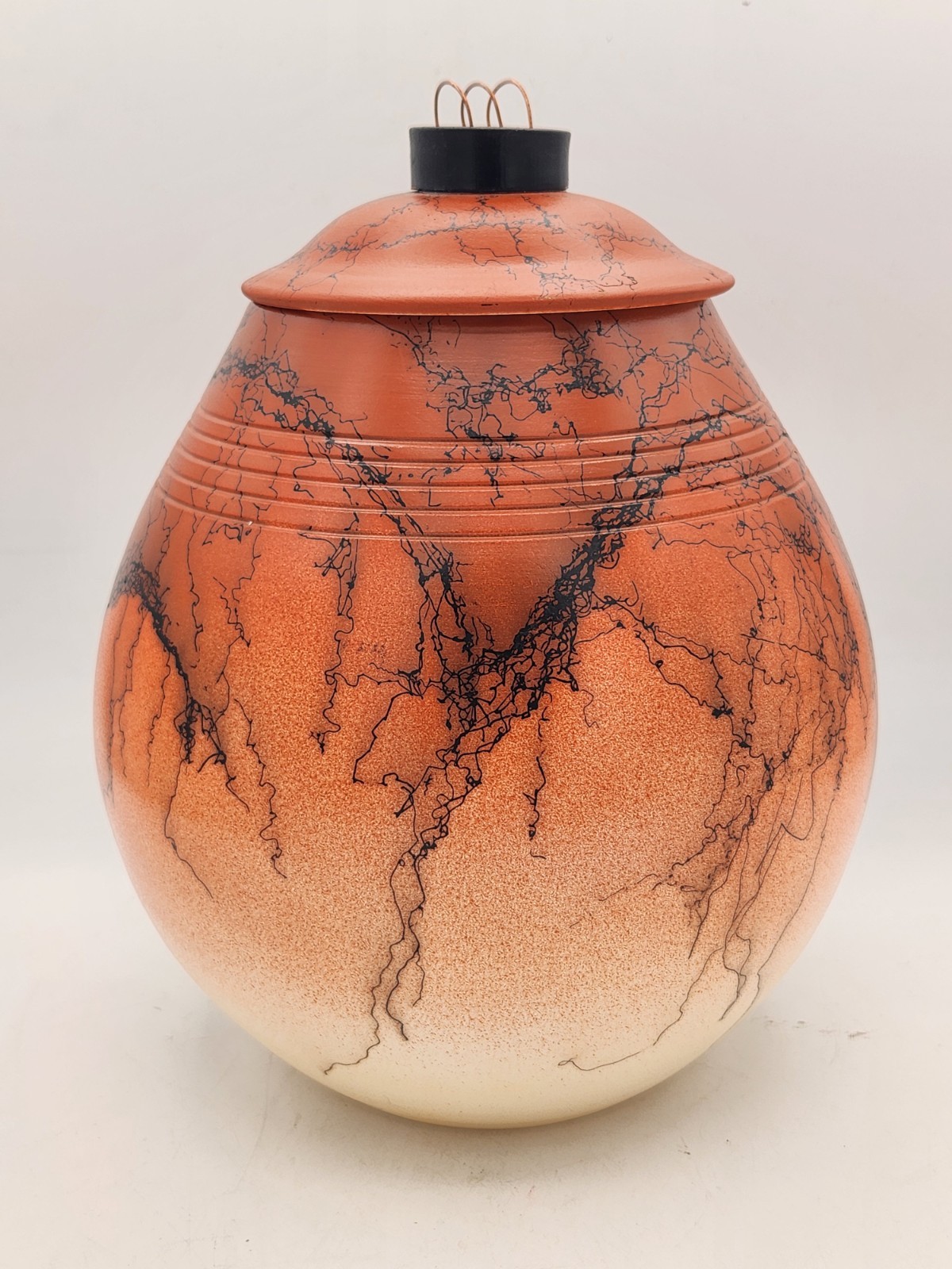 Ron Aubuchon 2007 SIGNED Studio Art Pottery Horse Hair Orange Lidded Vessel Raku Ron Aubuchon 2007 SIGNED Studio Art Pottery Horse Hair Orange Lidded Vessel Raku