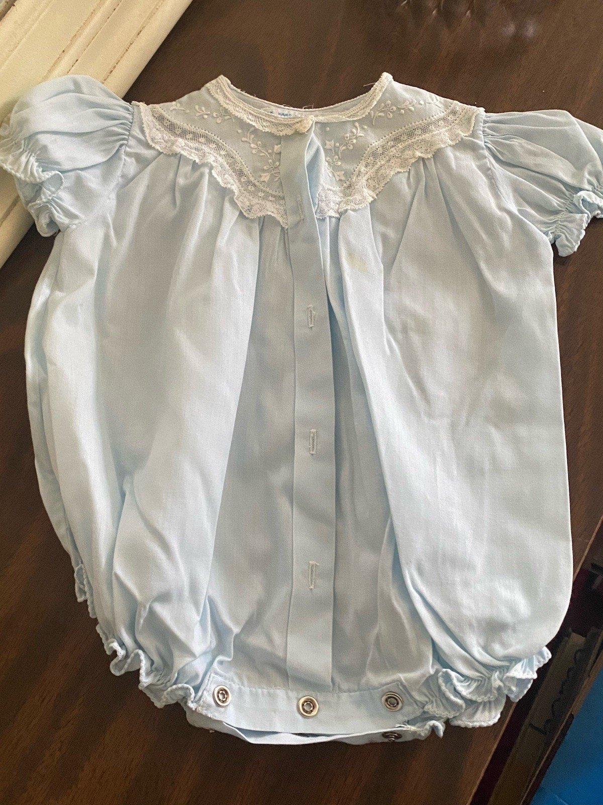 Vintage Feltman Bros Baby Blue Bubble Romper Hand Embroidered Lace